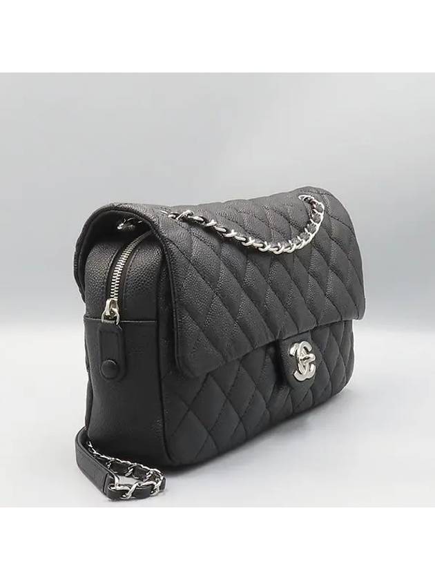 A67742 Black EASY CAVIAR Flap Silver COCO Logo Large Zip up Chain Shoulder Bag CH