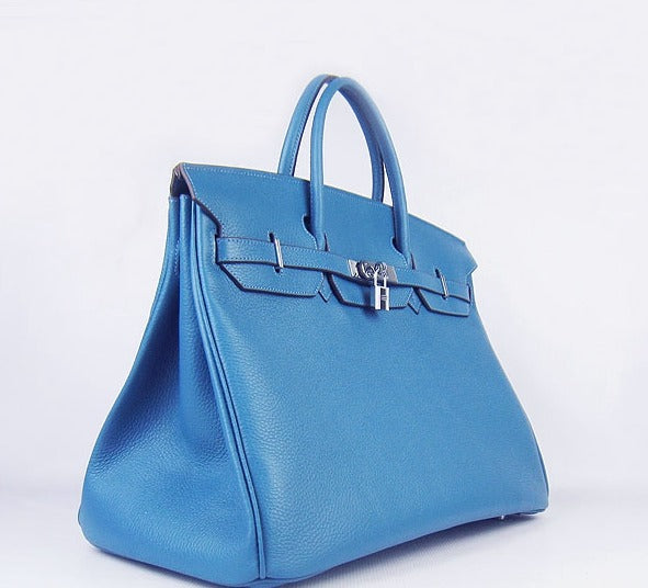 HMS Birkin 35cm Togo Leather Handbags 6099 Blue Silver