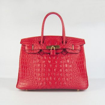 HMS Birkin 30cm Crocodile Head Vein Handbags Red Golden