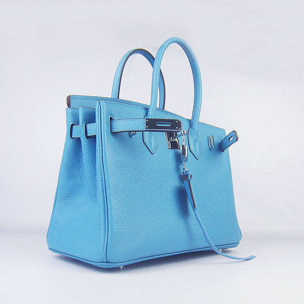 HMS Birkin 30cm Togo Leather Handbags Light Blue Silver