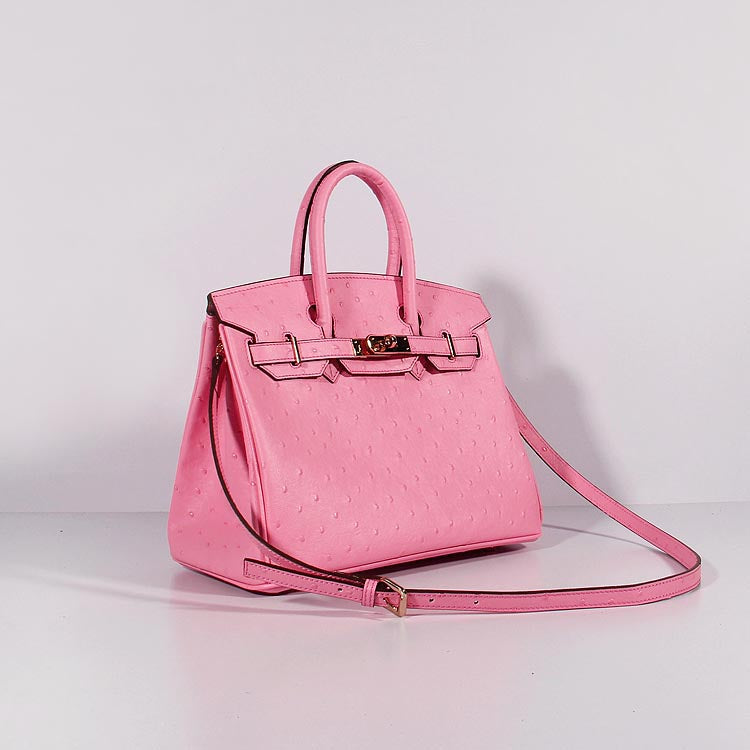 HMS Birkin 30cm Ostrich Leather With Strap Pink Gold