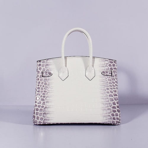 HMS Birkin 30cm Crocodile Leather Bag With Strap Grey White Gold