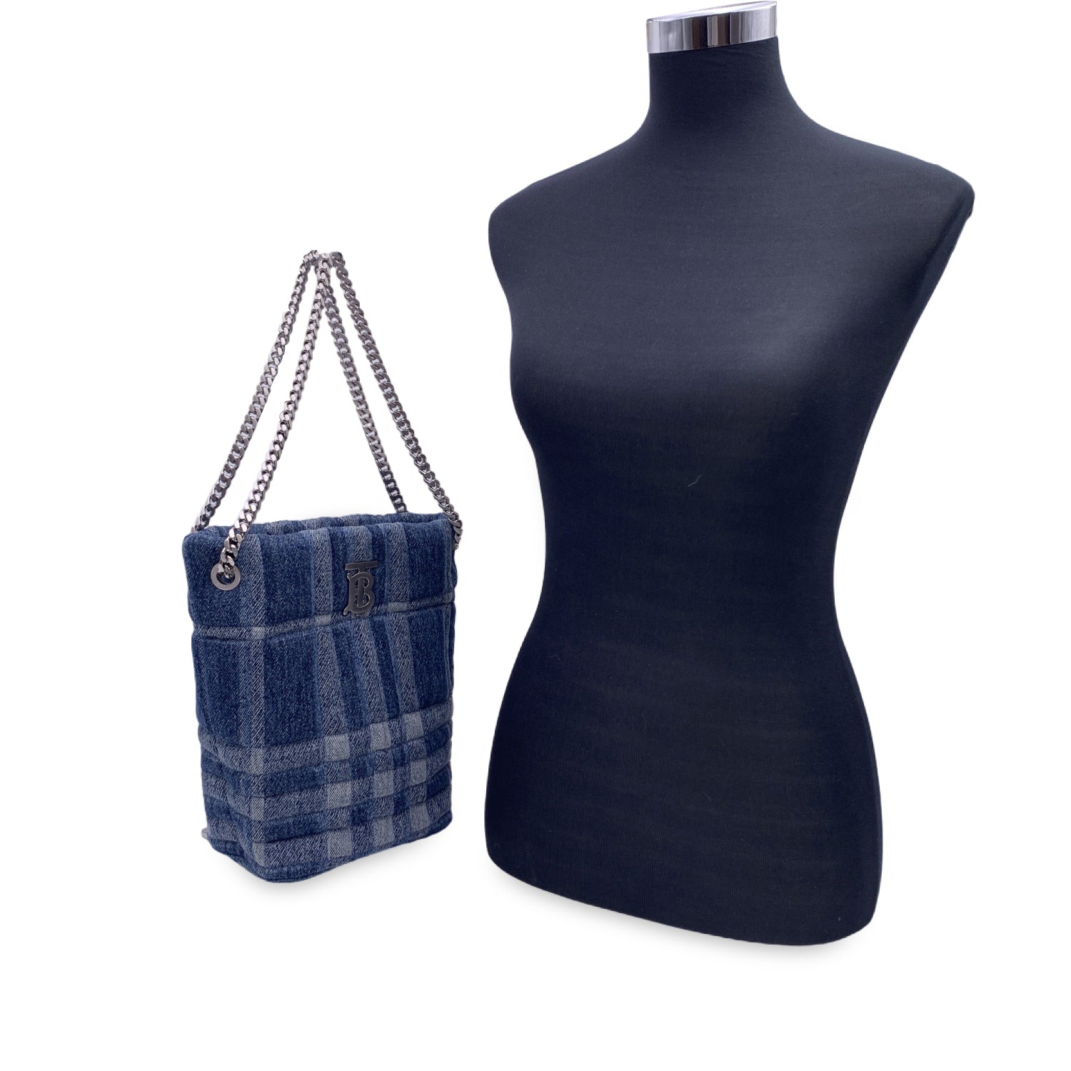BBERRY Blue Denim Quilted Small Lola Bucket Shoulder Bag Tote