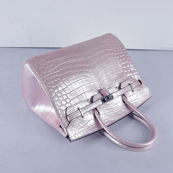 HMS Birkin 35cm 6089 New Crocodile Vein Handbags Pink Silver