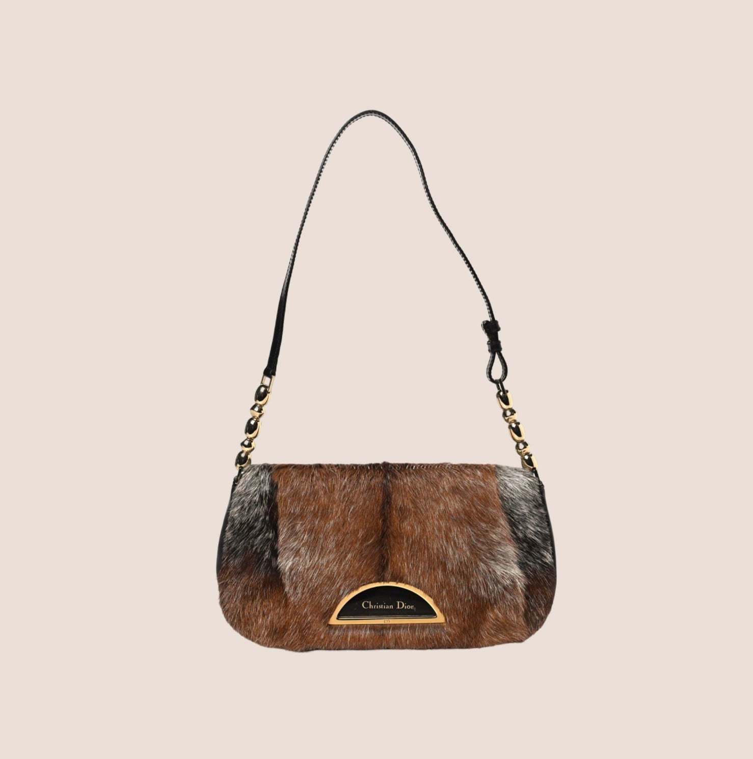 CHRISTIAN D1OR BLACK &amp; BROWN COW PRINT MALICE SHOULDER BAG