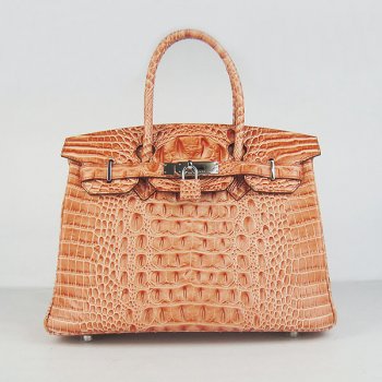 HMS Birkin 30cm Crocodile Head Vein Handbags Orange Silver