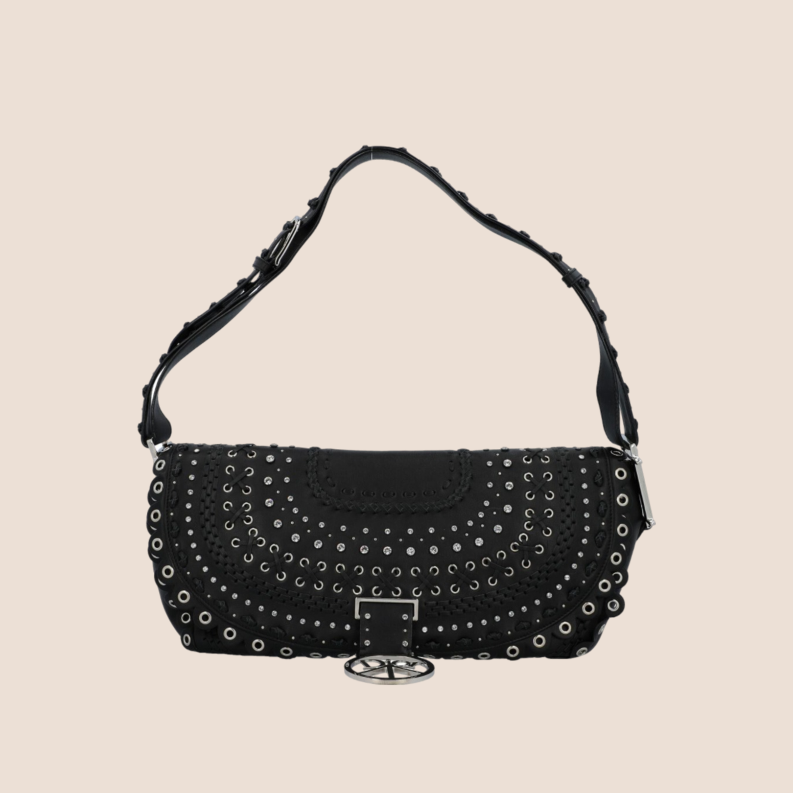 CHRISTIAN D1OR BLACK STUDDED CRYSTAL PEACE LOGO SHOULDER BAG