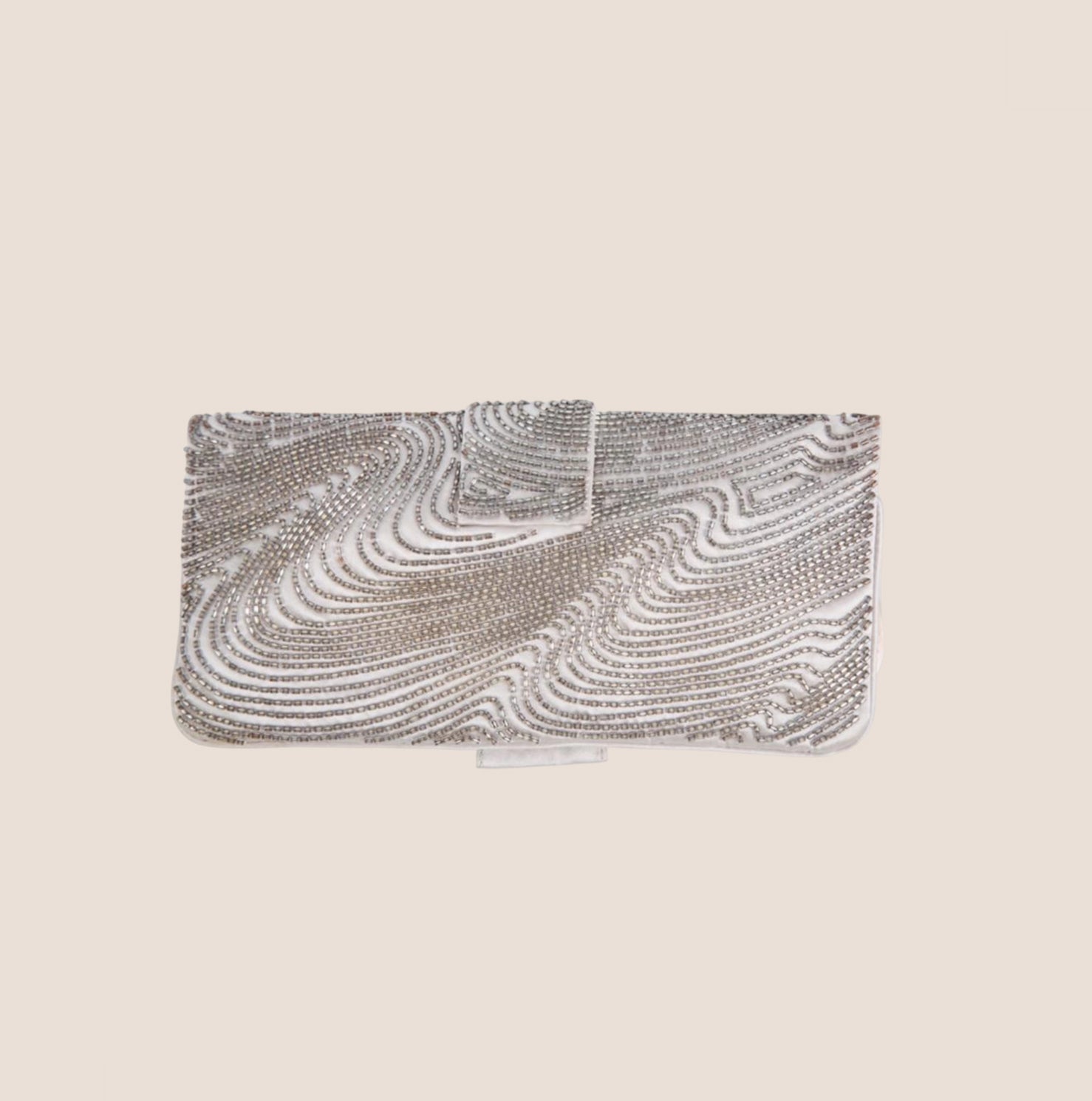 CHRISTIAN D1OR BEADED SILVER SATIN LOGO CLUTCH