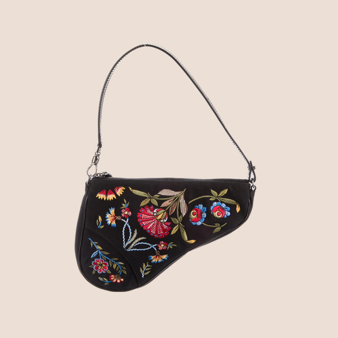 CHRISTIAN D1OR 2002 FLORAL EMBROIDERED BLACK MINI SADDLE BAG