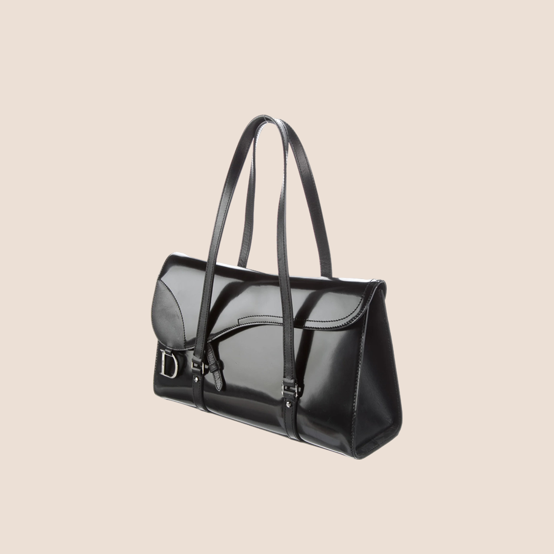 CHRISTIAN D1OR 2003 PATENT LEATHER BLACK FLAP SADDLE BAG