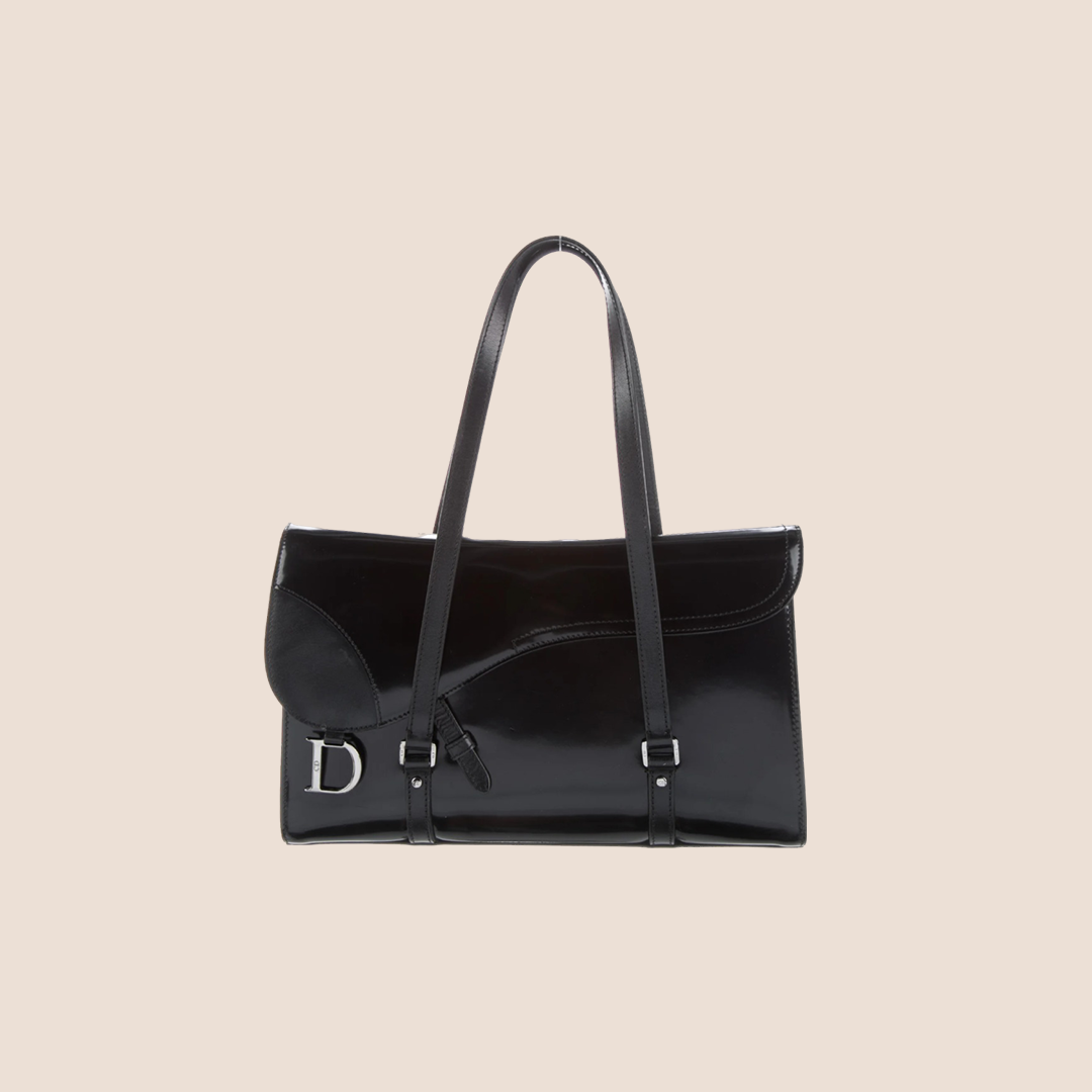 CHRISTIAN D1OR 2003 PATENT LEATHER BLACK FLAP SADDLE BAG