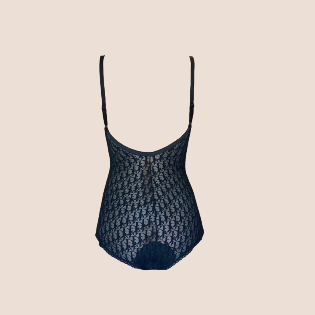 CHRISTIAN D1OR 1990s SHEER BLACK MONOGRAM BODYSUIT