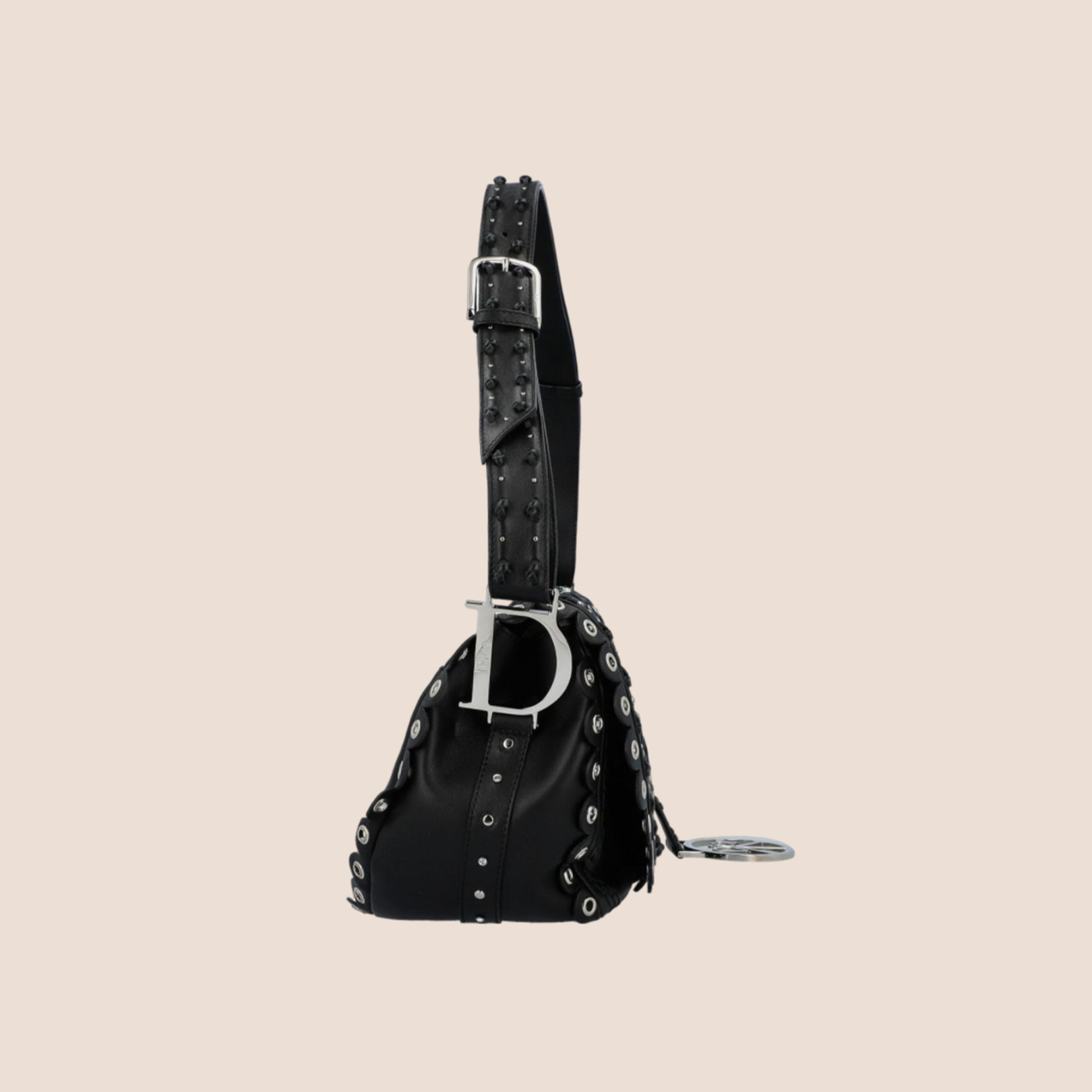 CHRISTIAN D1OR BLACK STUDDED CRYSTAL PEACE LOGO SHOULDER BAG