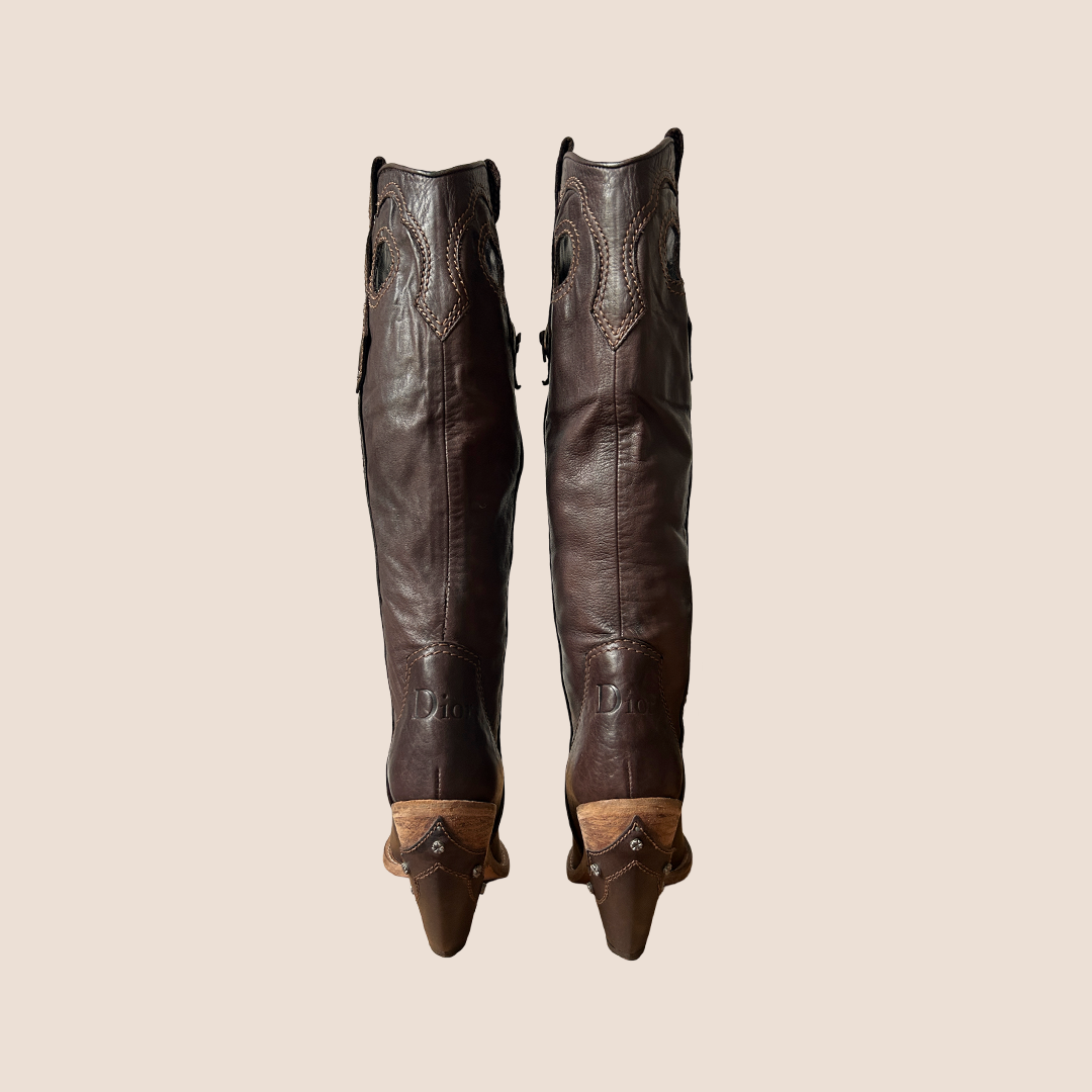 CHRISTIAN D1OR BROWN LEATHER WESTERN COWBOY BOOTS