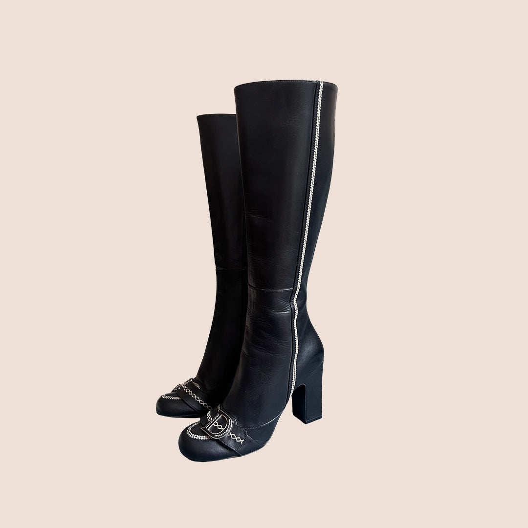 CHRISTIAN D1OR 2005 CD STITCH BLACK LEATHER BOOTS