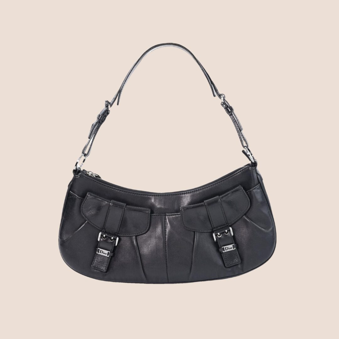 CHRISTIAN D1OR BLACK LEATHER CROISSANT SHOULDER BAG