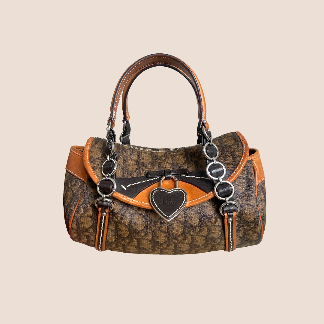 CHRISTIAN D1OR BROWN ROMANTIQUE MINI HEART CHARM HANDBAG