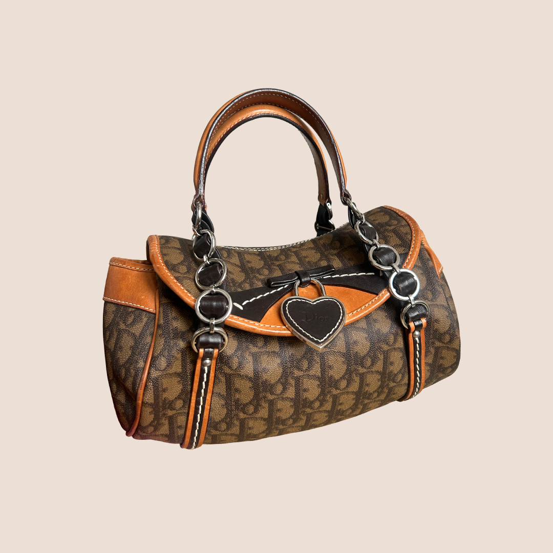 CHRISTIAN D1OR BROWN ROMANTIQUE MINI HEART CHARM HANDBAG