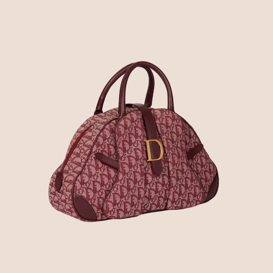 CHRISTIAN D1OR BURGUNDY TROTTER CANVAS SADDLE TOTE BAG