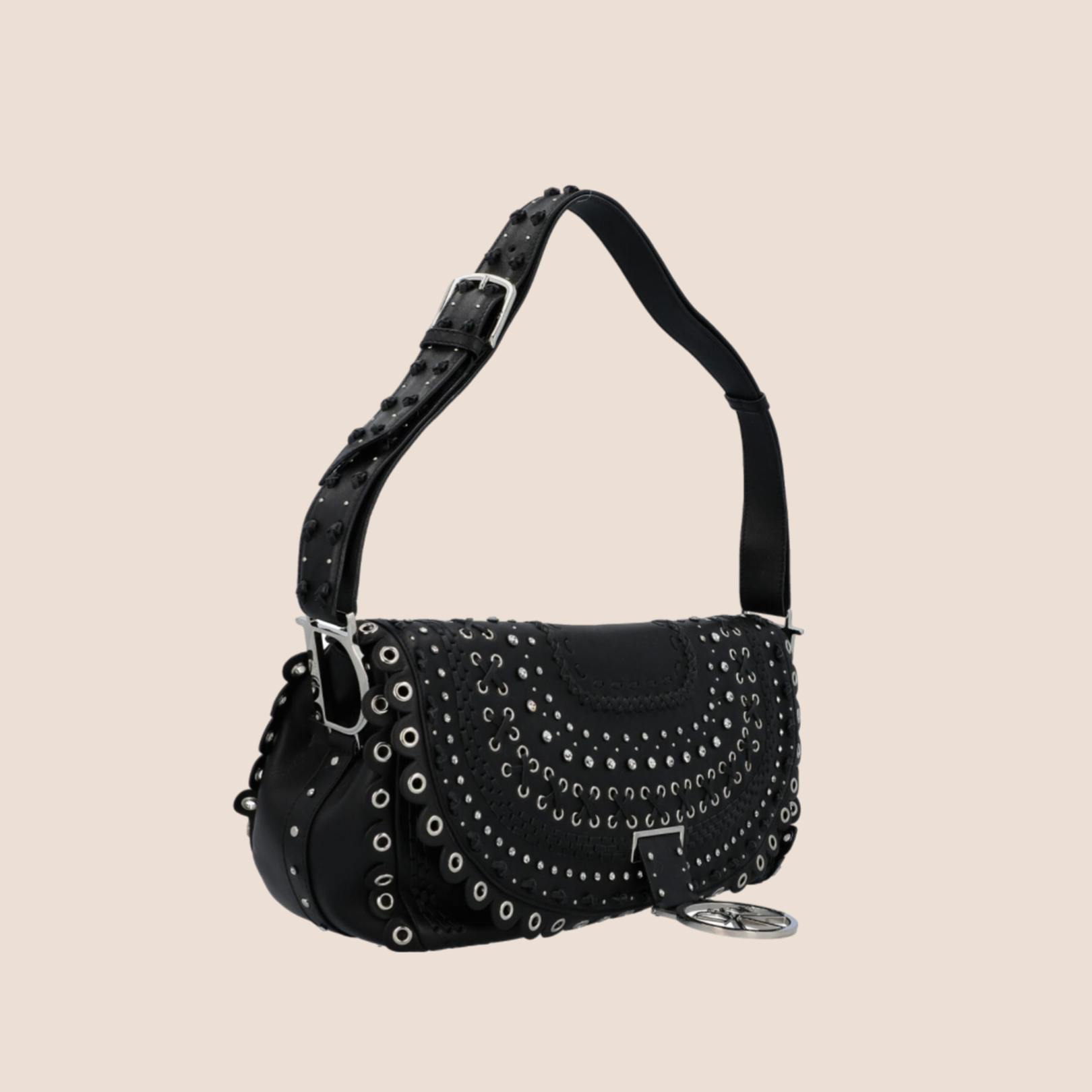 CHRISTIAN D1OR BLACK STUDDED CRYSTAL PEACE LOGO SHOULDER BAG