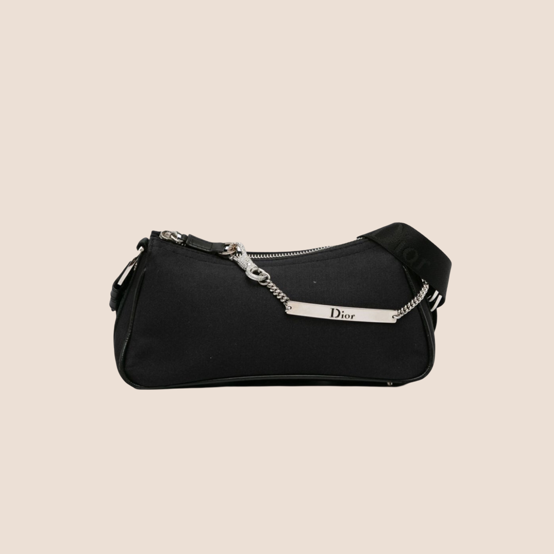 CHRISTIAN D1OR 2003 RHINESTONE EMBELLISHED BLACK CANVAS HARDCORE CROSSBODY BAG