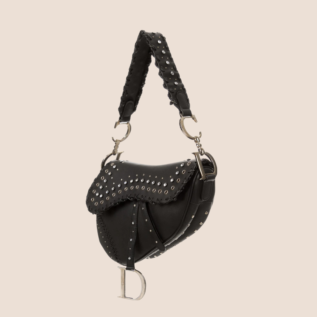 CHRISTIAN D1OR 2004 BLACK CRYSTAL GROMMET SADDLE BAG
