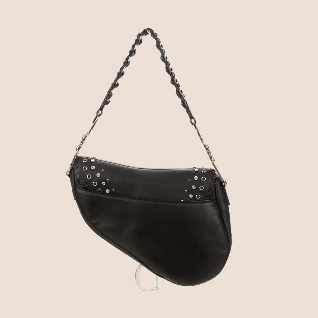 CHRISTIAN D1OR 2004 BLACK CRYSTAL GROMMET SADDLE BAG