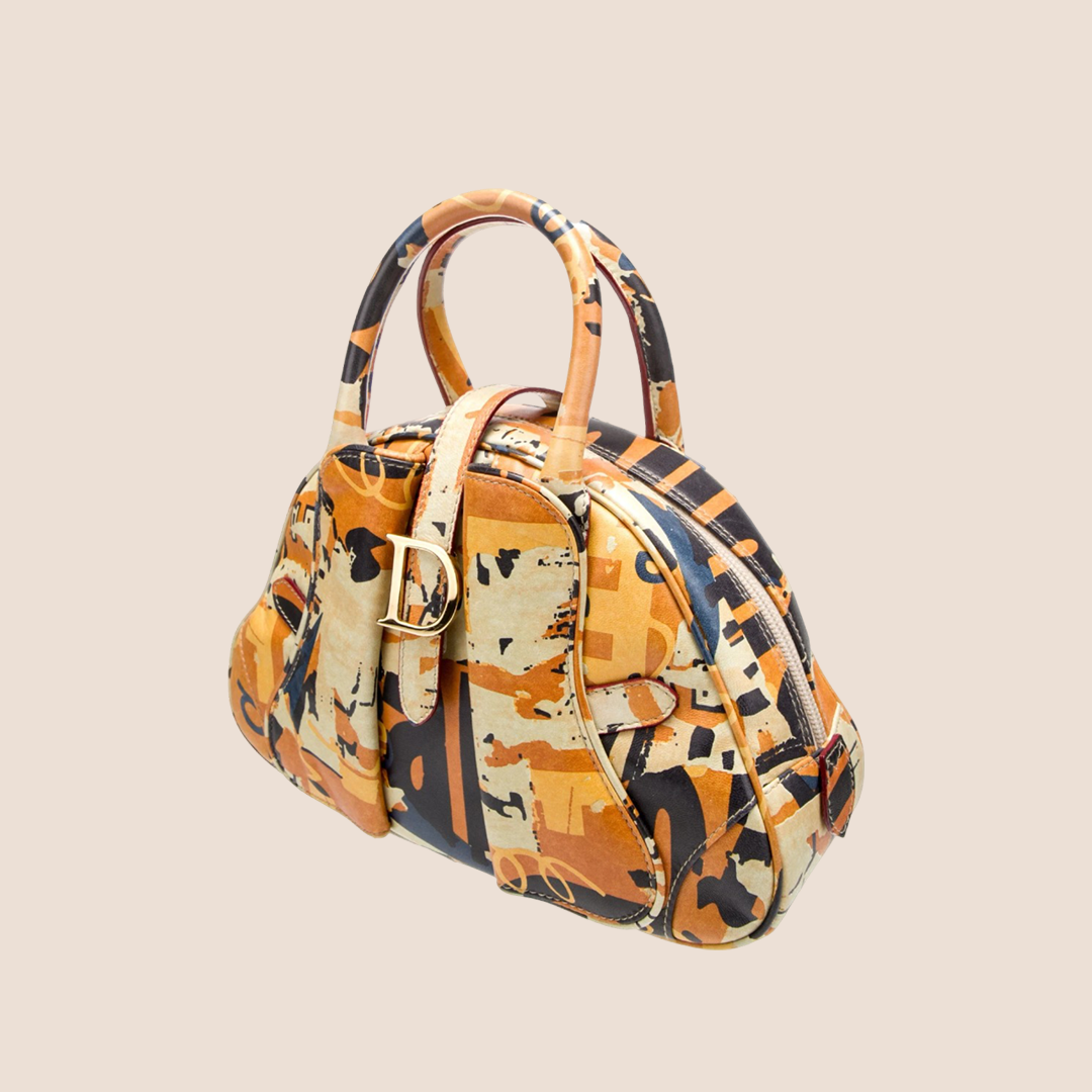 CHRISTIAN D1OR 2001 ORANGE PRINTED DOUBLE SADDLE BOWLER BAG