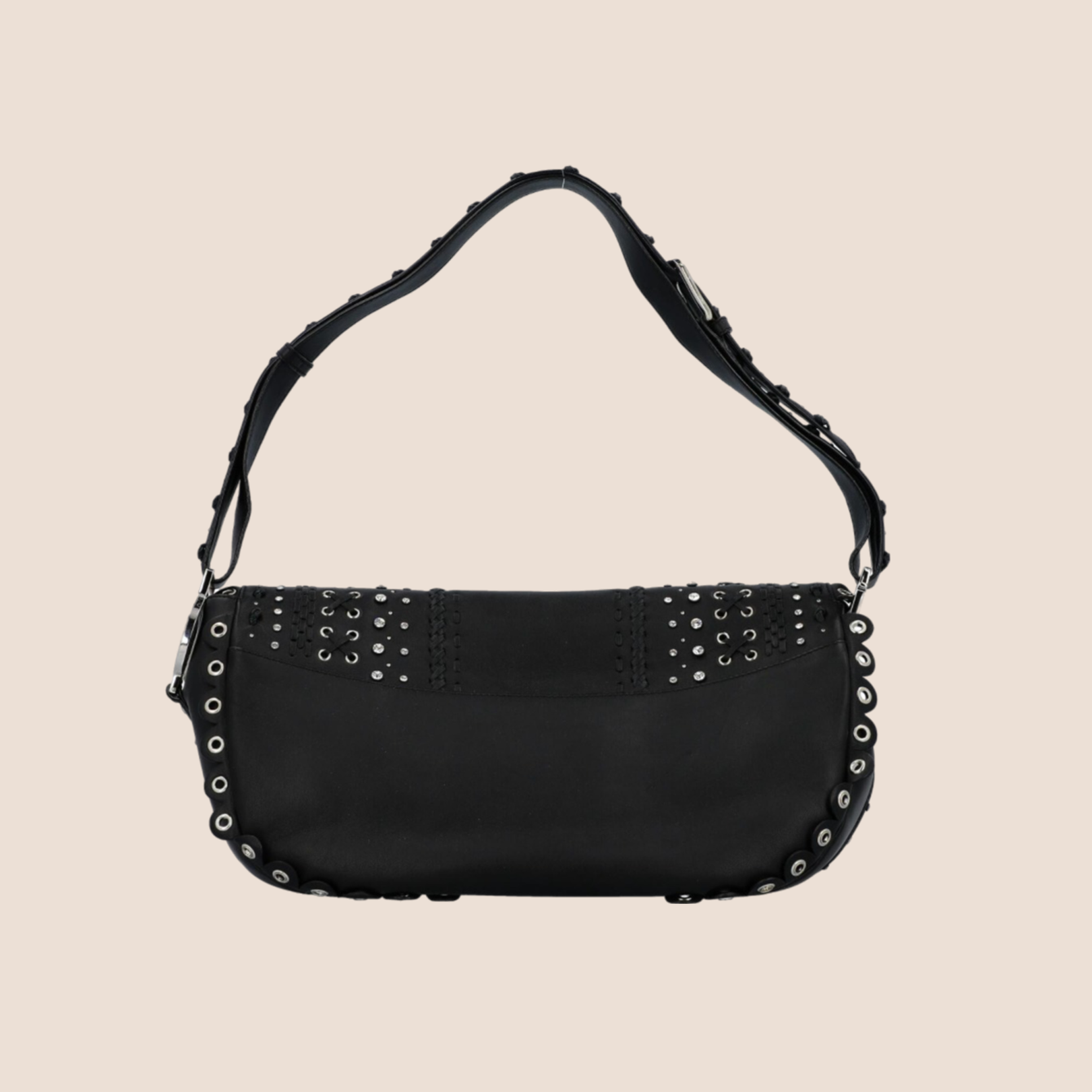 CHRISTIAN D1OR BLACK STUDDED CRYSTAL PEACE LOGO SHOULDER BAG