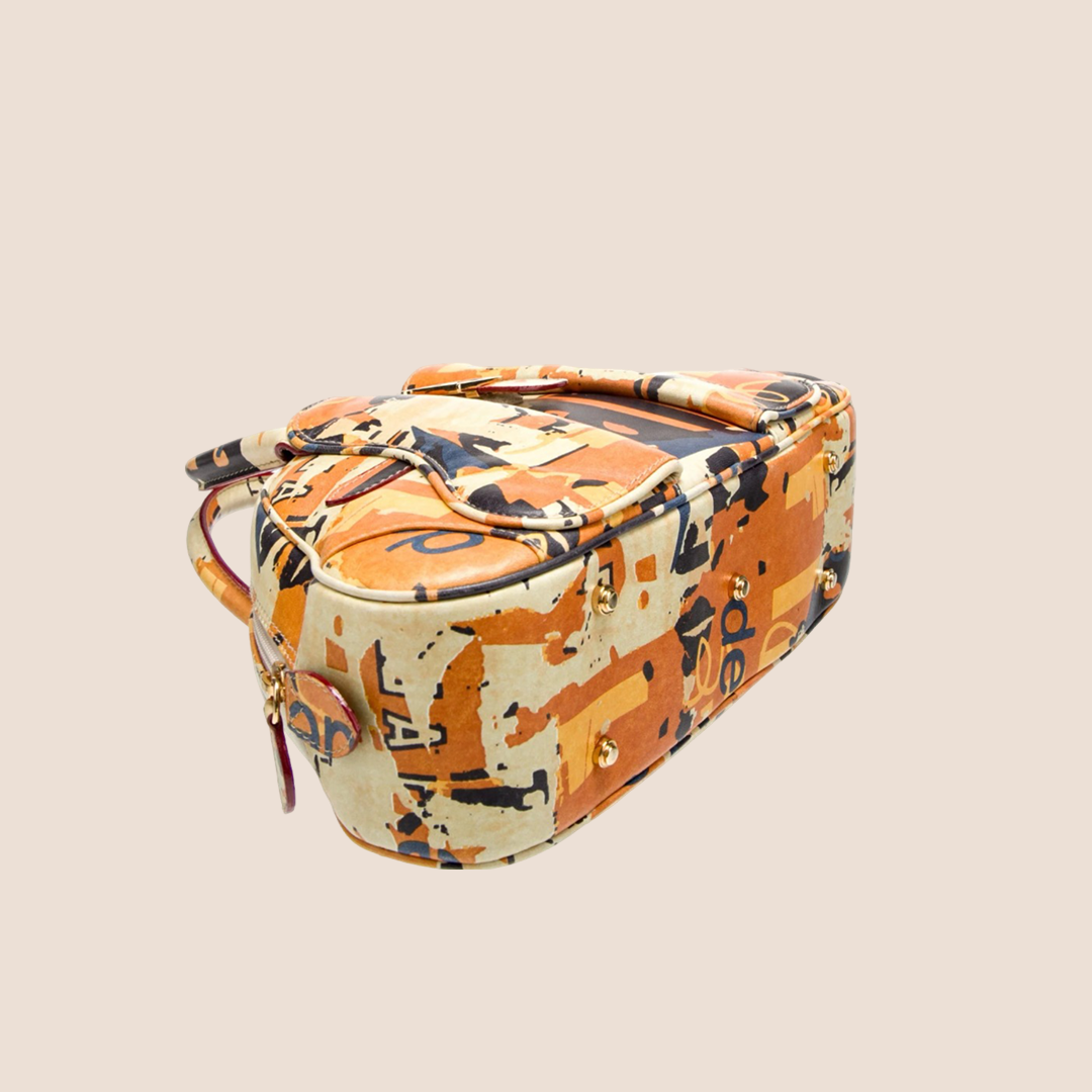 CHRISTIAN D1OR 2001 ORANGE PRINTED DOUBLE SADDLE BOWLER BAG
