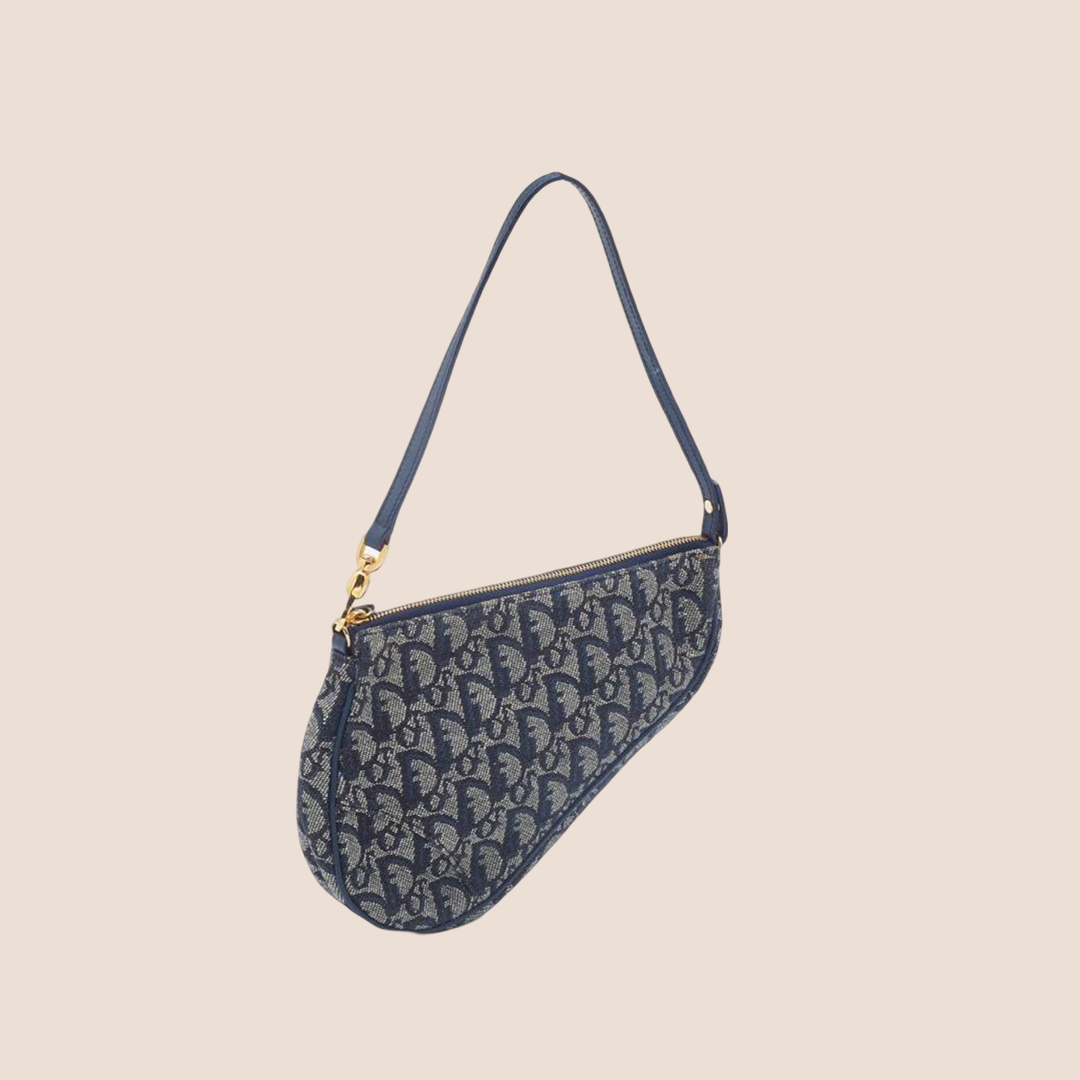 CHRISTIAN D1OR BLUE OBLIQUE CANVAS SADDLE BAG