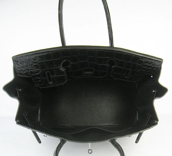 HMS Birkin 35cm Crocodile Big Veins Handbags Black Silver