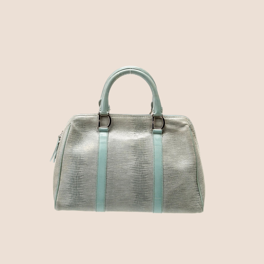CHRISTIAN D1OR 2001 PALE BLUE LIZARD EMBOSSSED BOSTON BAG