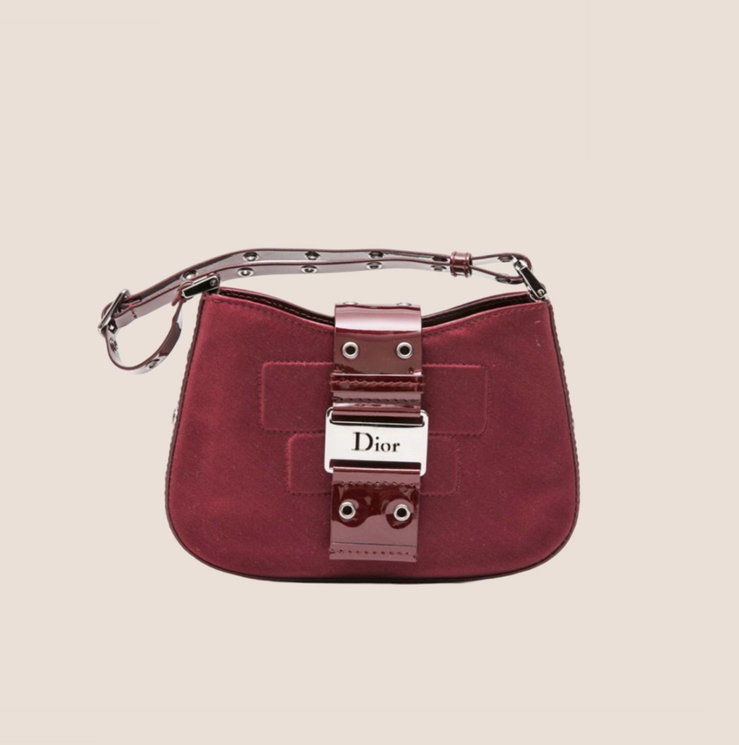 CHRISTIAN D1OR BURGUNDY SATIN &amp; PATENT LEATHER MINI STREET CHIC HOBO BAG