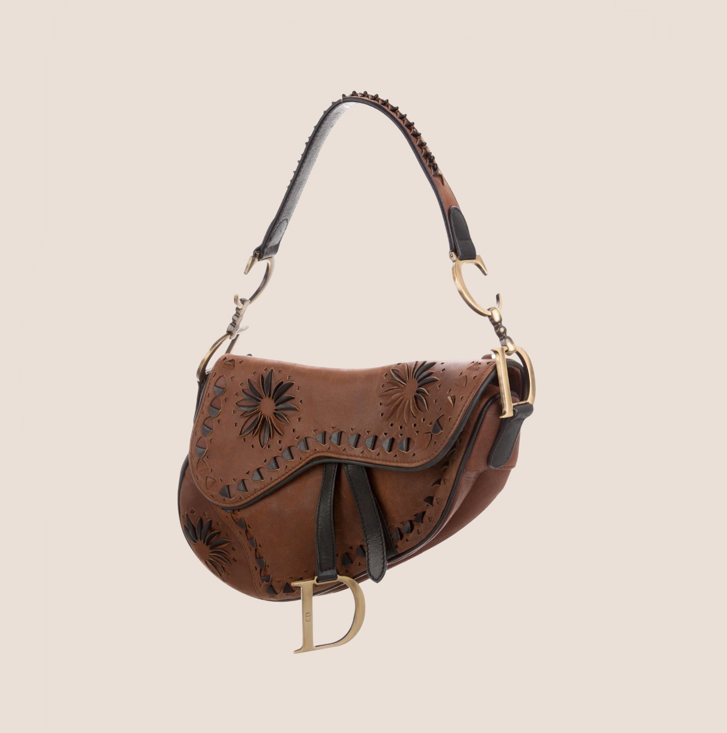CHRISTIAN D1OR BROWN LEATHER FLORAL LASER CUT SADDLE BAG