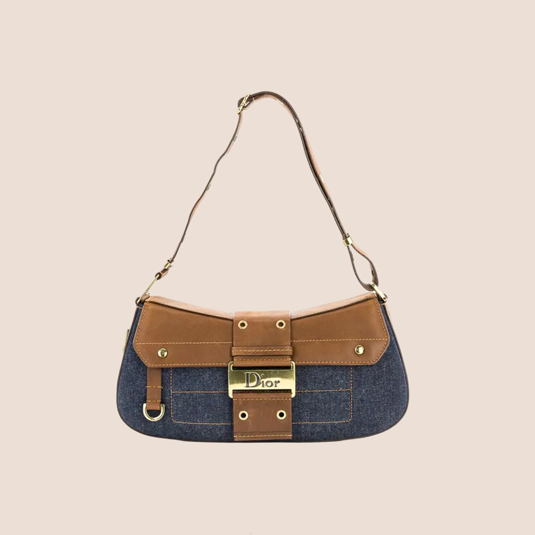 CHRISTIAN D1OR 2002 DENIM &amp; BROWN STREET CHICH COLUMBUS BAG