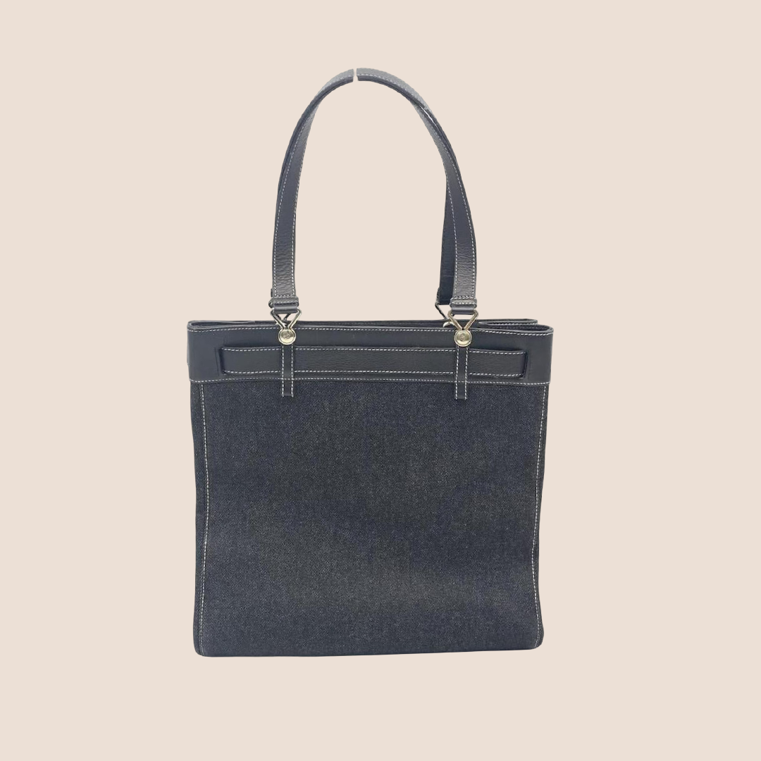 CHRISTIAN D1OR BLACK DENIM &amp; LEATHER BELTED EVERYDAY TOTE BAG
