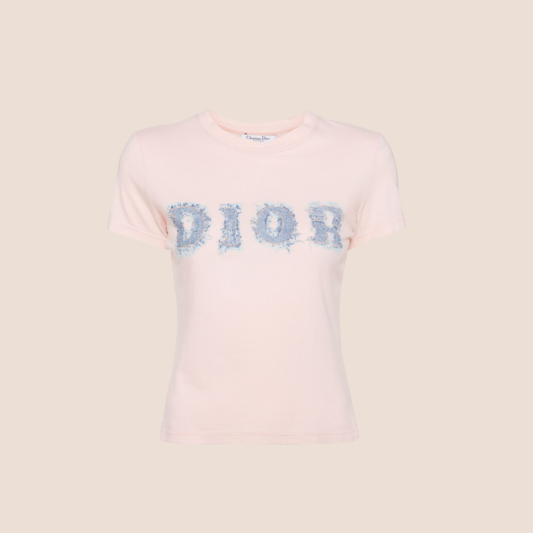 CHRISTAN D1OR PINK DENIM LOGO PATCH T-SHIRT