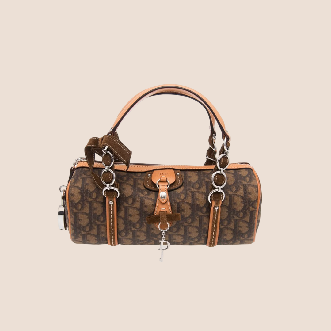 CHRISTIAN D1OR BROWN TROTTER ROMANTIQUE MINI BARREL BAG