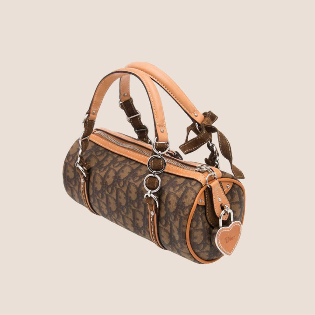 CHRISTIAN D1OR BROWN TROTTER ROMANTIQUE MINI BARREL BAG