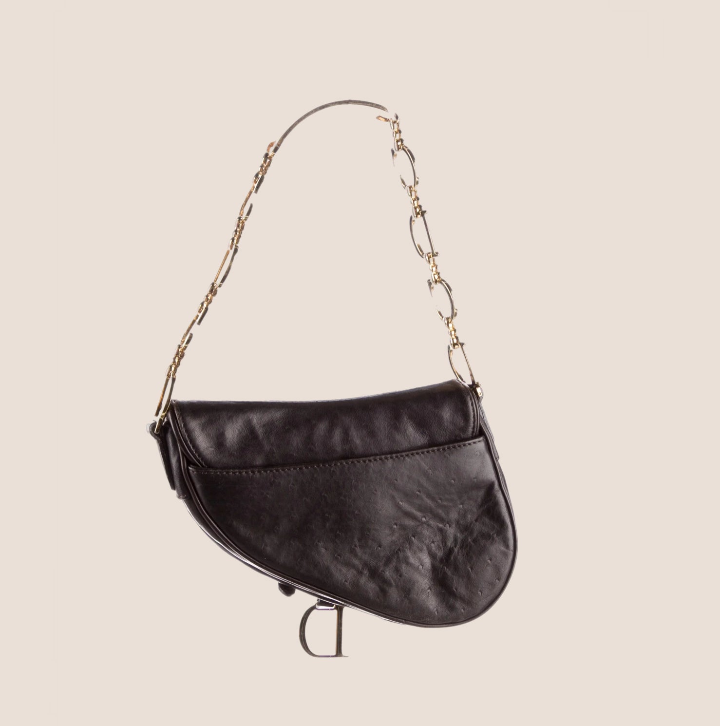CHRISTIAN D1OR 2000 BROWN OSTRICH LEATHER CHAIN SADDLE BAG