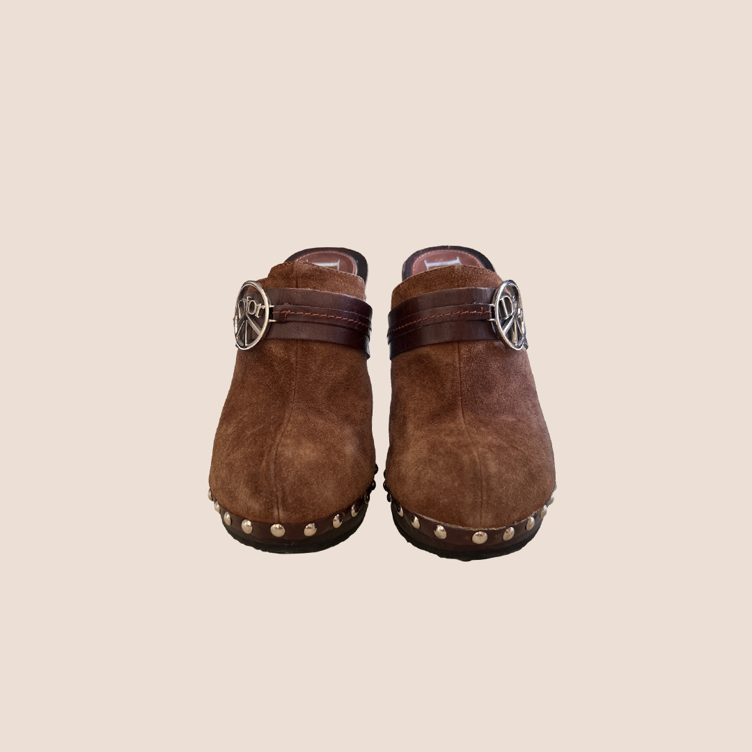 CHRISTIAN D1OR 2005 BROWN SUEDE STUDDED CLOGS