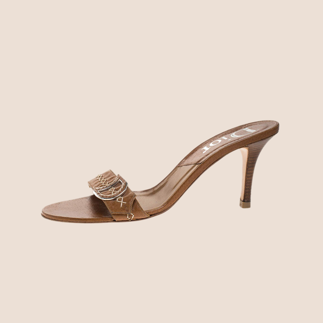 CHRISTIAN D1OR BROWN LEATHER CROSS STITCH LOGO SLIDE SANDALS