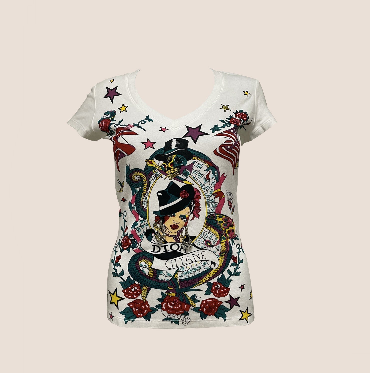 CHRISTIA D1OR 2004 GITANE PRINT V-NECK T-SHIRT