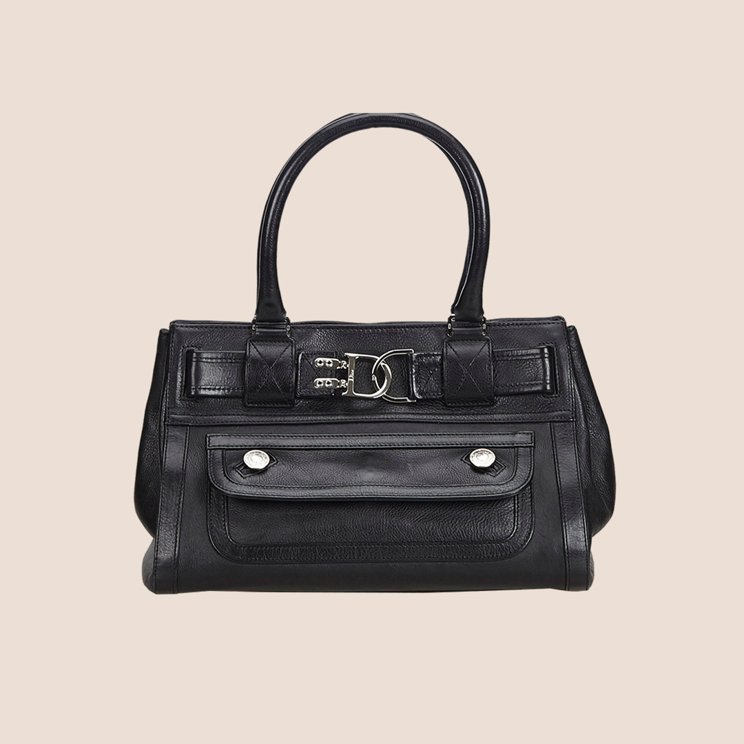 CHRISTIAN D1OR BLACK LEATHER FLIGHT TOTE BAG