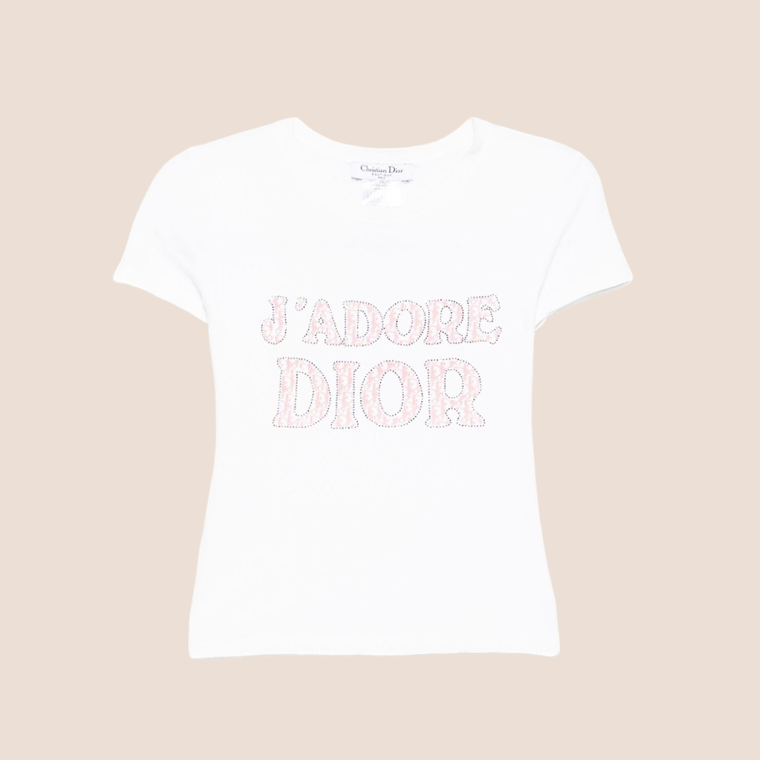 CHRISTIAN D1OR 2004 TROTTER RHINESTONE "J'ADORE D1OR" T-SHIRT