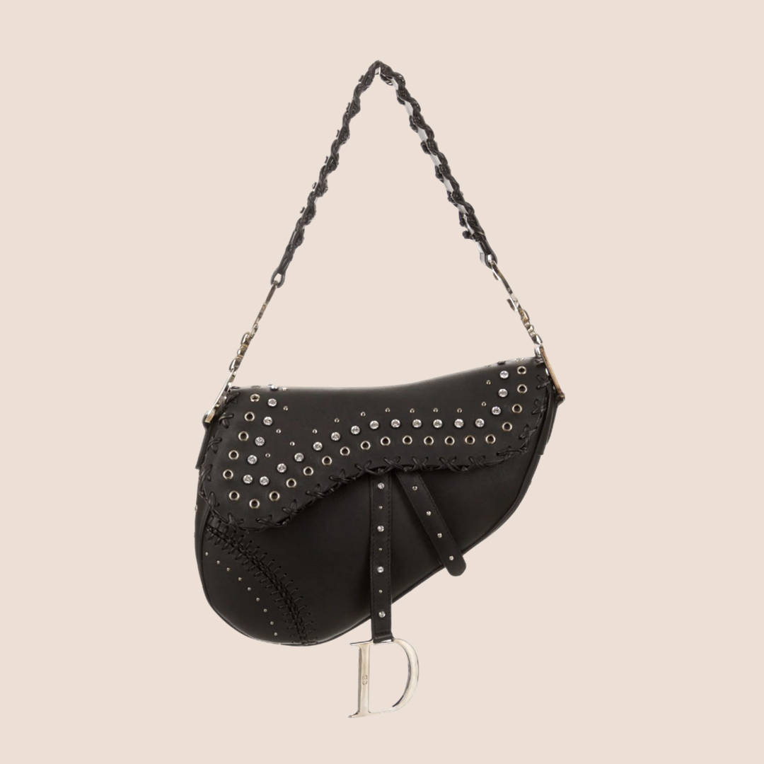 CHRISTIAN D1OR 2004 BLACK CRYSTAL GROMMET SADDLE BAG
