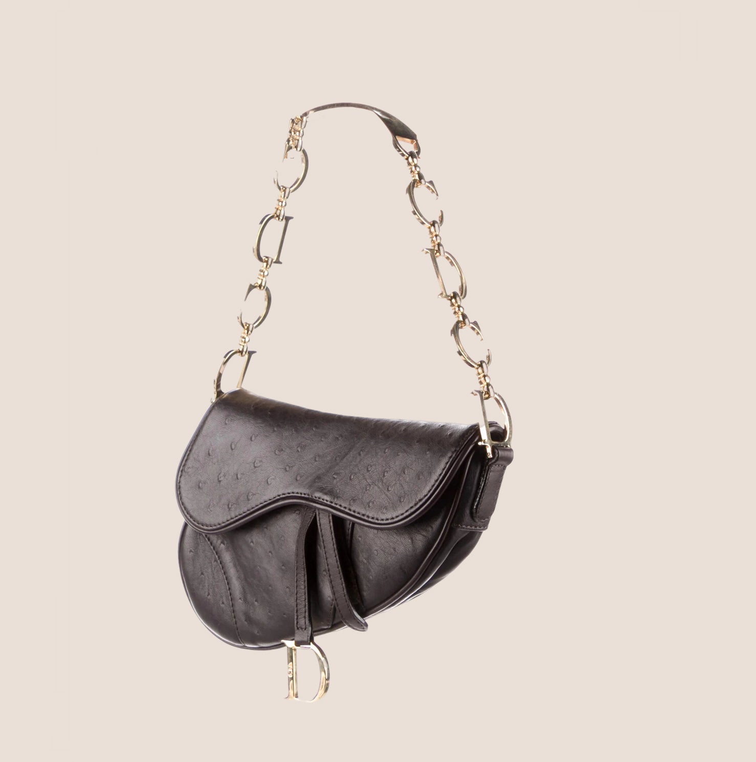 CHRISTIAN D1OR 2000 BROWN OSTRICH LEATHER CHAIN SADDLE BAG