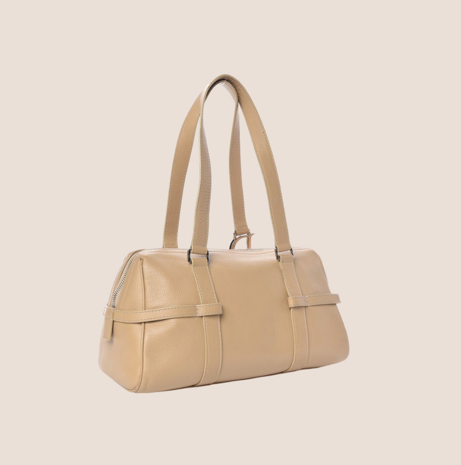CHRISTIAN D1OR BEIGE LEATHER LOGO SPELL OUT CHARM BOSTON BAG