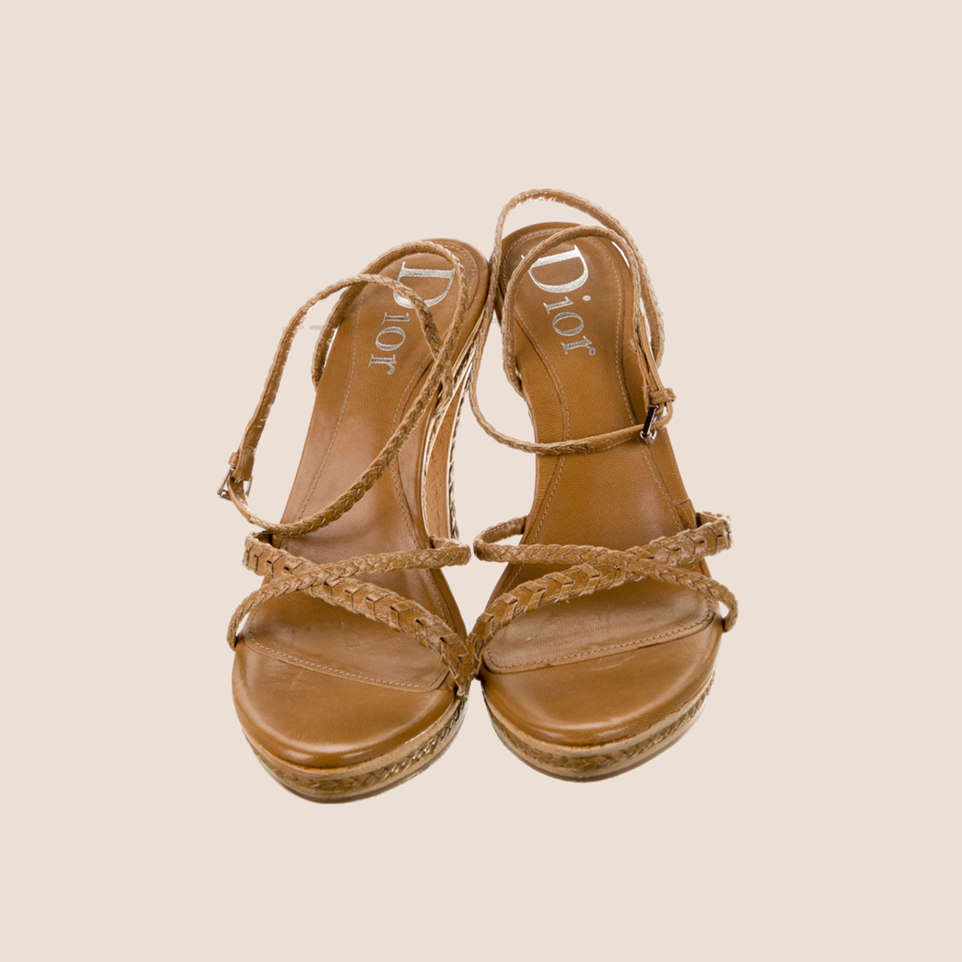 CHRISTIAN D1OR BROWN LEATHER BRAIDED SANDALS